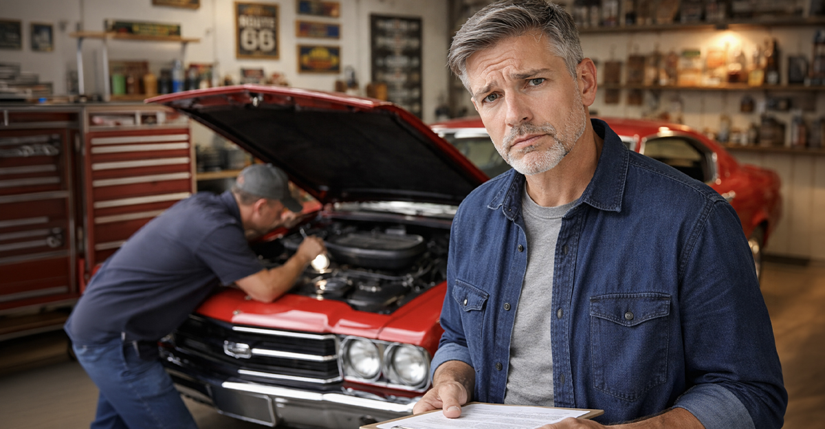 Classic car collector with mechanic in the background