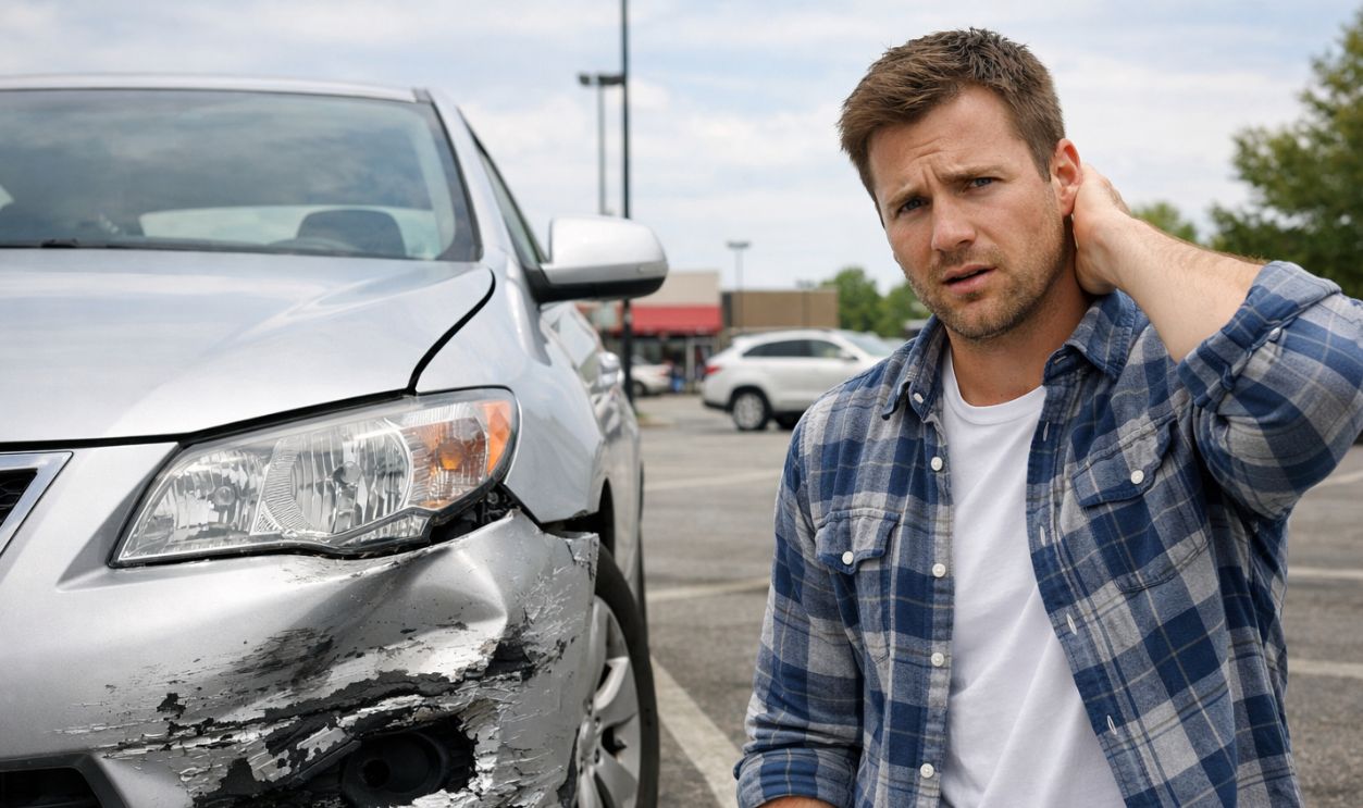 Concerned man near damaged sedan