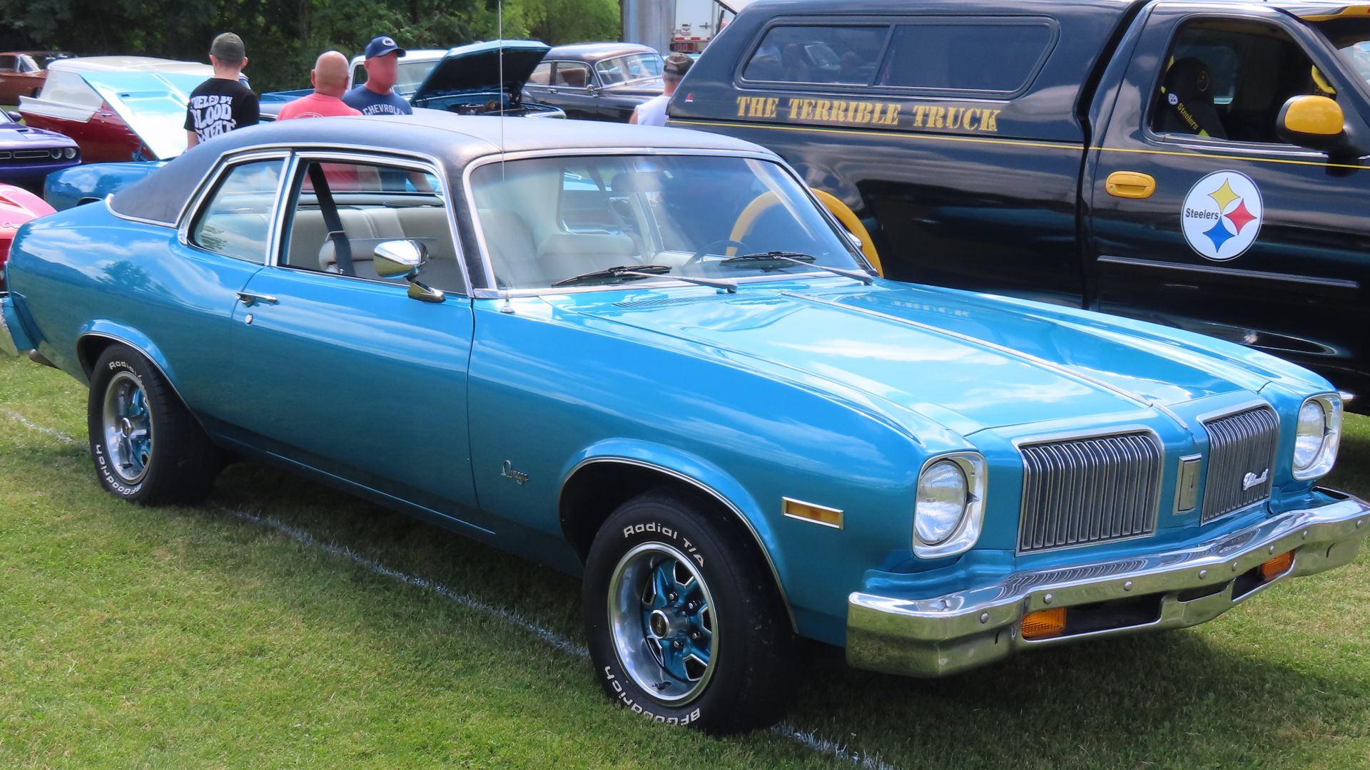 1974 Oldsmobile Omega coupe photographed at a car show in Grove City, Pennsylvania. Finished in Reef Turquoise.