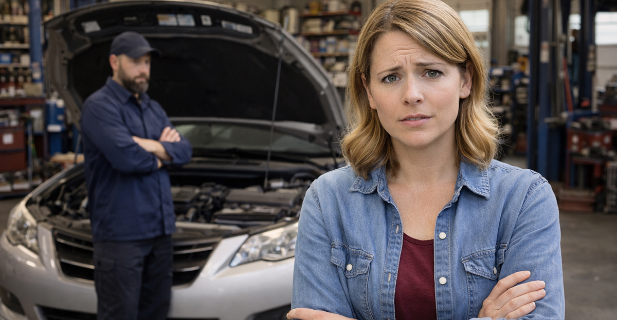 AI-generated image of a woman concerned about fake car maintenance records.