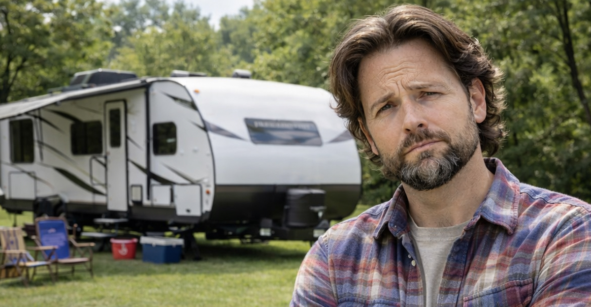 AI-generated image of a man living in his RV on a rural property.