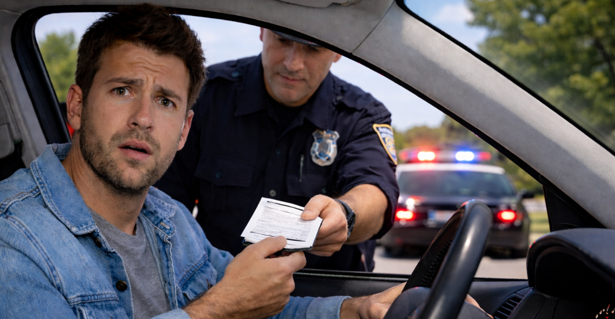 Man in car getting ticket from police officer