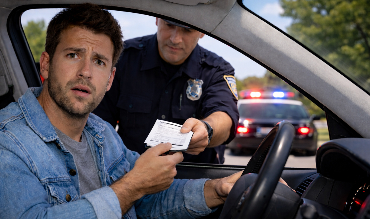 Man in car getting ticket from police officer