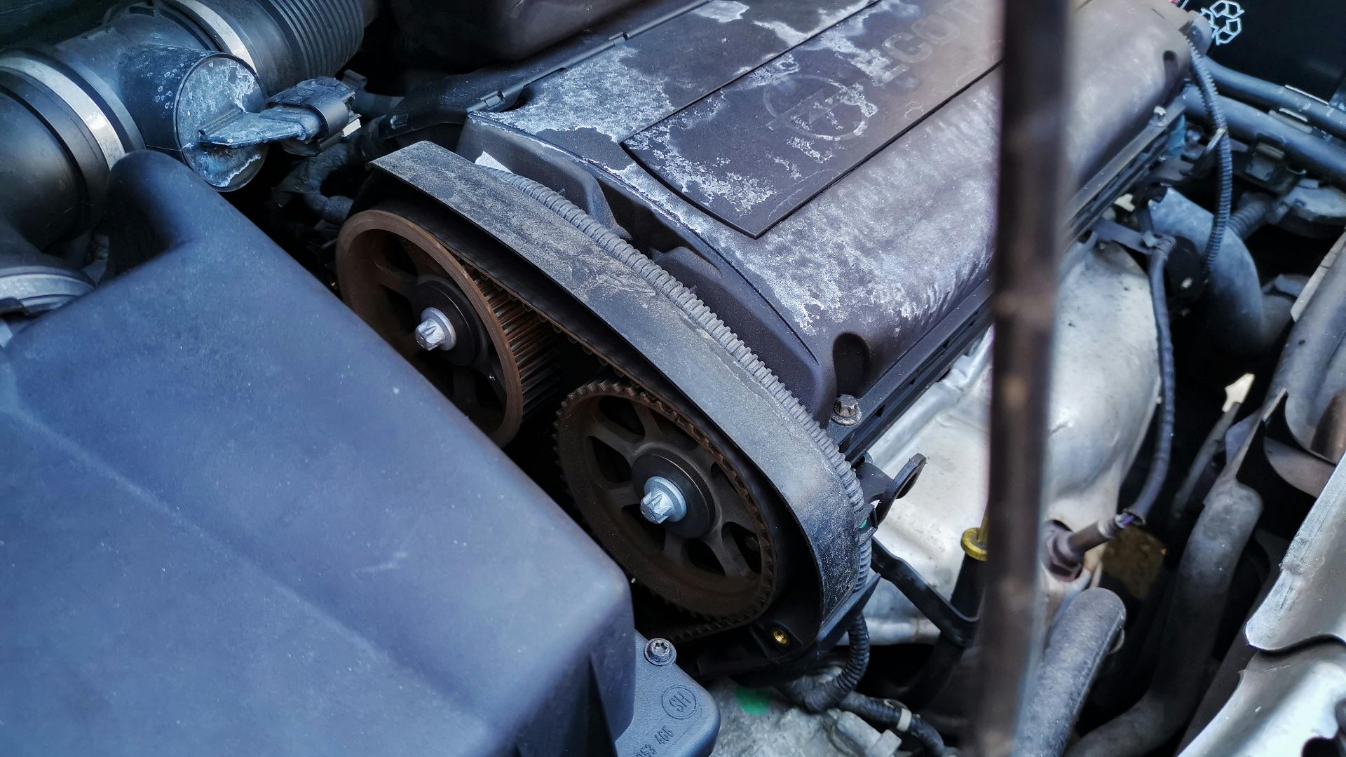 Detailed close-up of a car engine focusing on the belts and components under the hood.