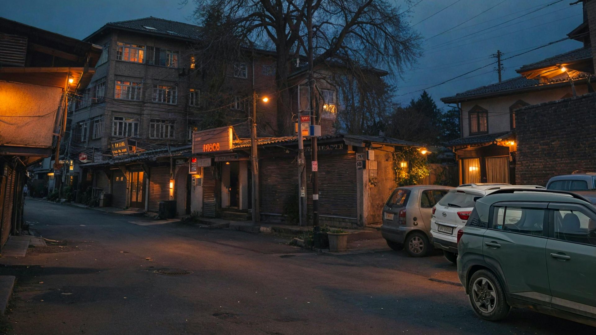 Serene street scene in a quiet Srinagar neighborhood at twilight with parked cars and a large tree.