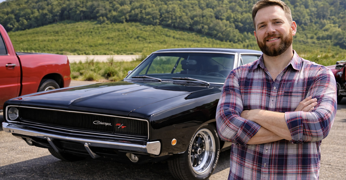 AI-generated image of a car collector standing next to a 1968 Dodge Charger 