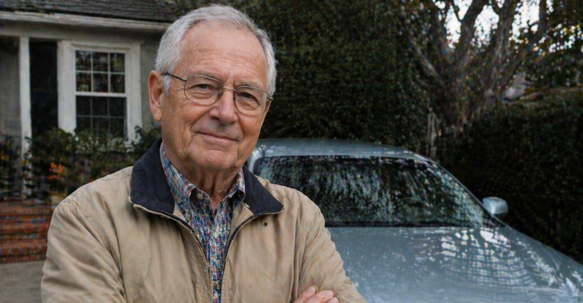 elderly man in front of his car in his driveway