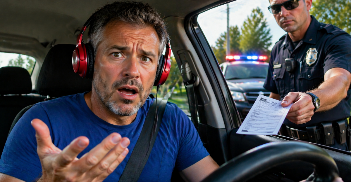 Man wearing headphones in car getting ticket