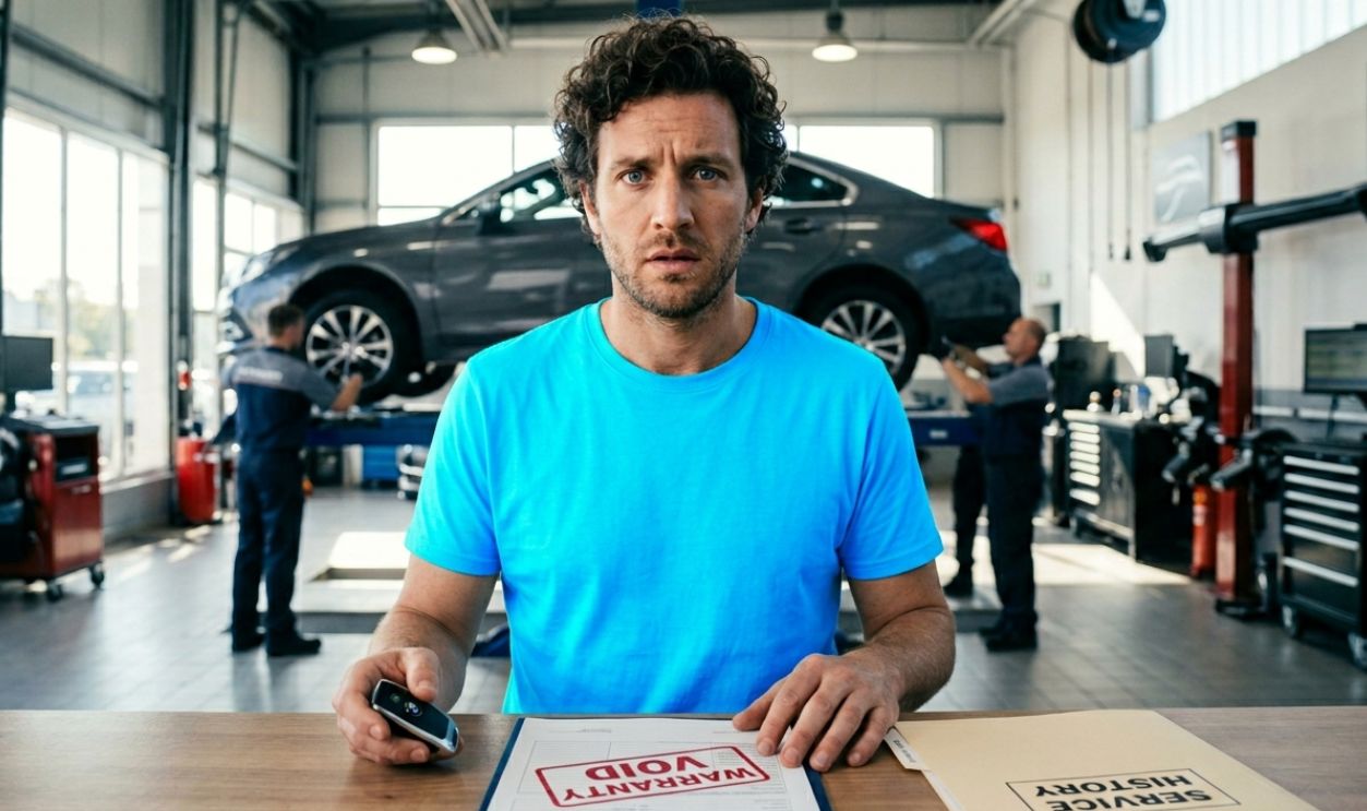 Man in dealership for car repair, presented by a void warranty claim