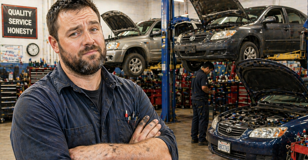Mechanic with his arms crossed standing in front of a car garage.