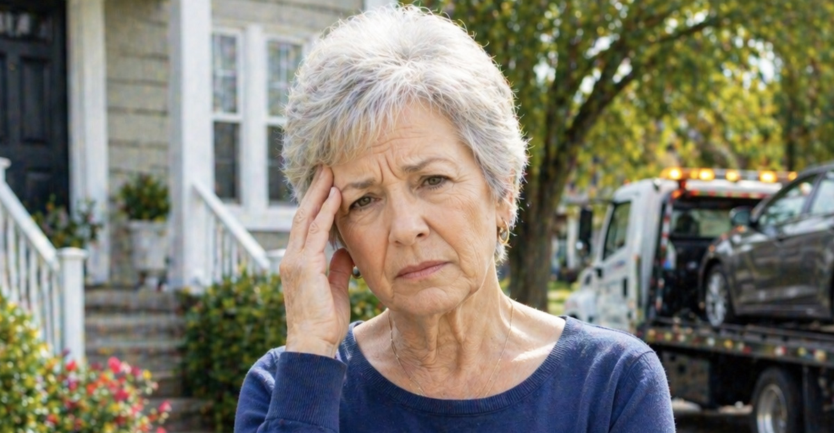 AI-generated image of an older woman concerned about the car she co-signed being repossessed.