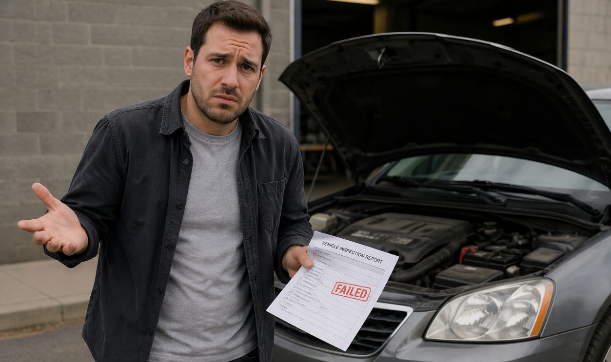 Car inspection frustration outside garage