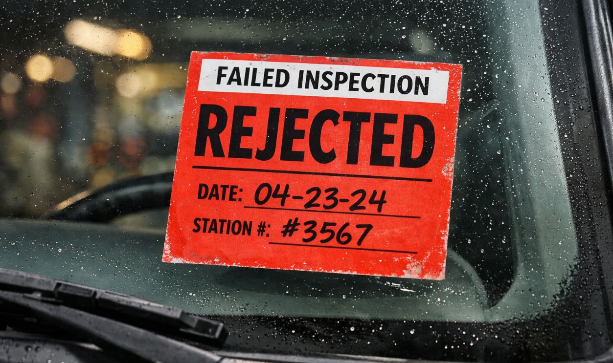 Failed inspection/rejection sticker on a windshield