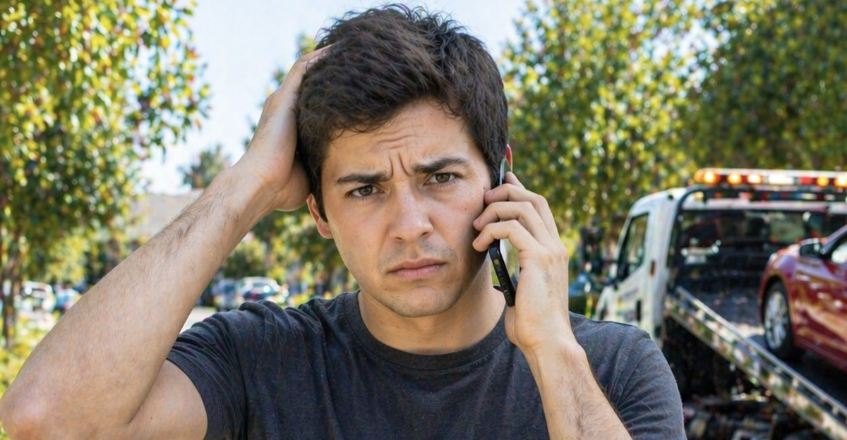 AI-generated image of a man upset about his repossessed car.