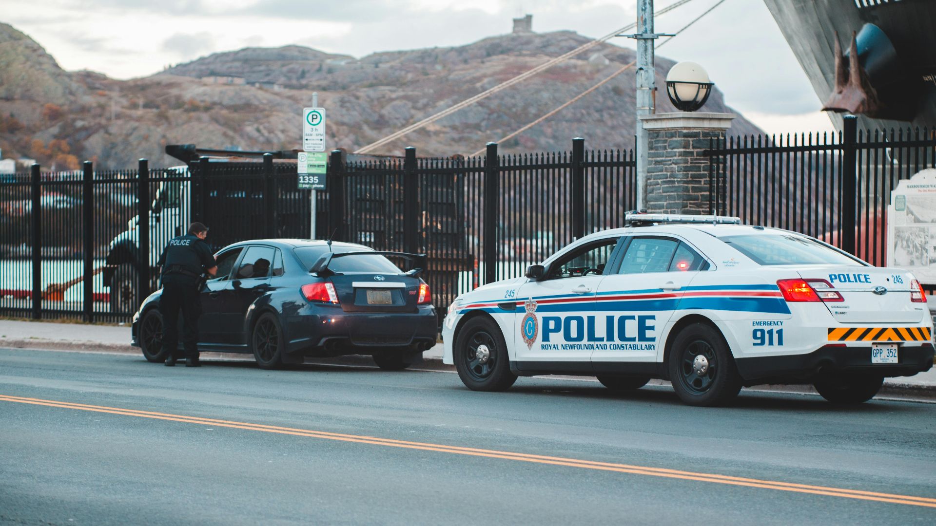 Back view of unrecognizable police officer in uniform checking modern car parked on asphalt road against cloudy sky