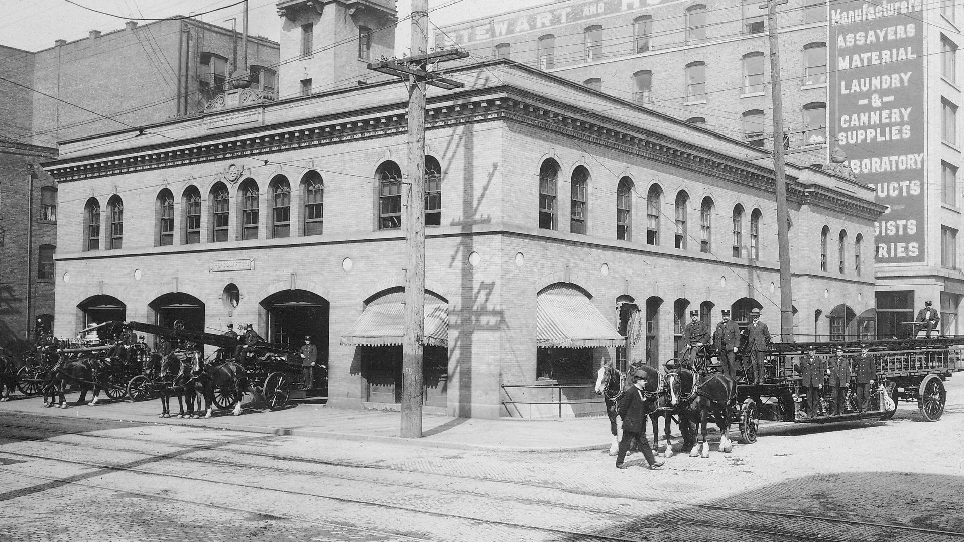 This gray brick Fire Department Headquarters was built in 1903 and located at 3rd Ave. S. and S. Main St. A third story was added in 1912 for a new Fire Alarm Office. The horses were replaced by motorized vehicles from 1911 to 1916 .Warner 3197
Subjects (LCTGM): Fire stations--Washington (State)--Seattle; Fire engines--Washington (State)--Seattle; Horse teams--Washington (State)--Seattle; Hose carriages--Washington (State)--Seattle