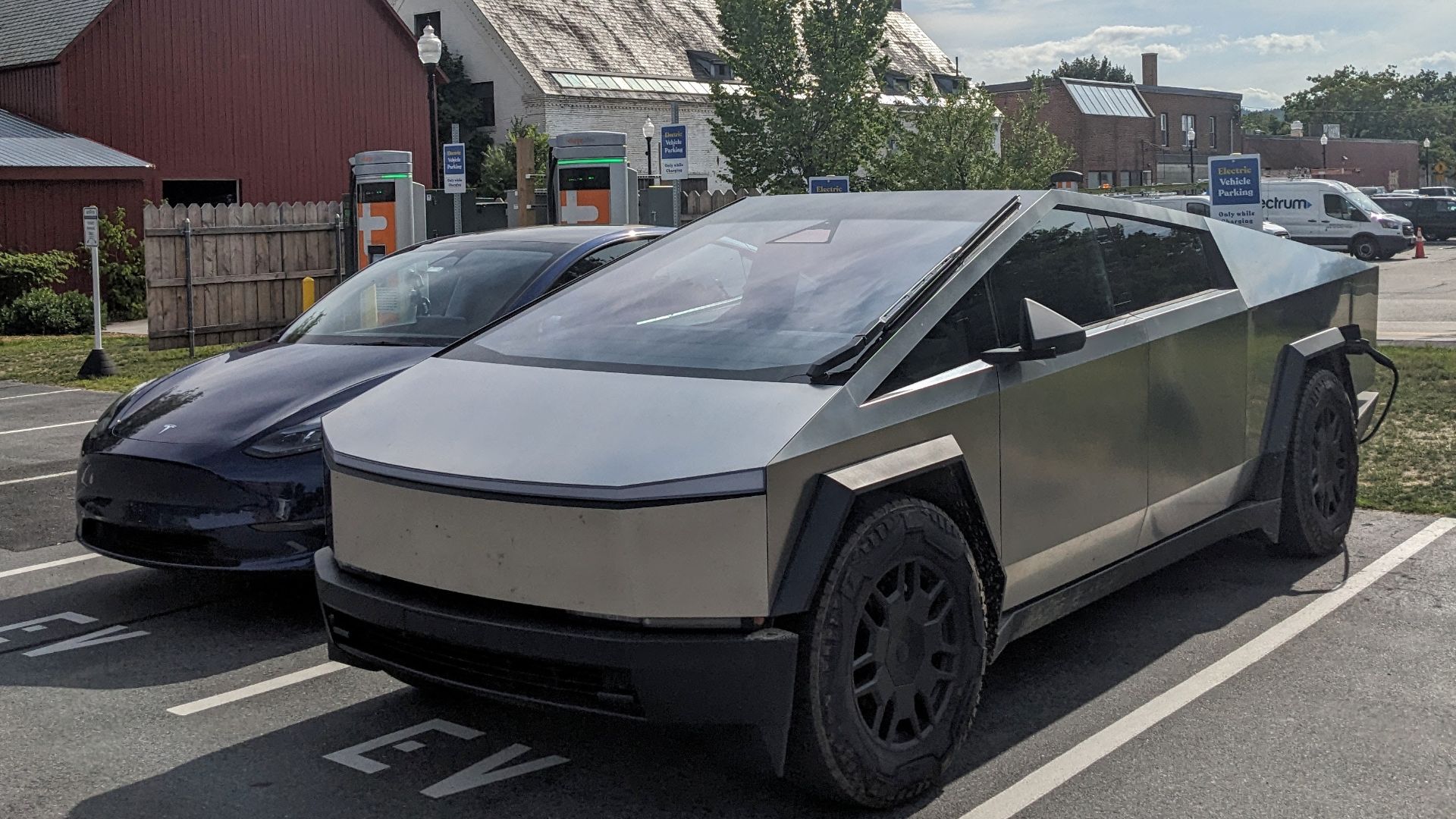 Tesla Cybertruck charging in downtown Keene, New Hampshire.