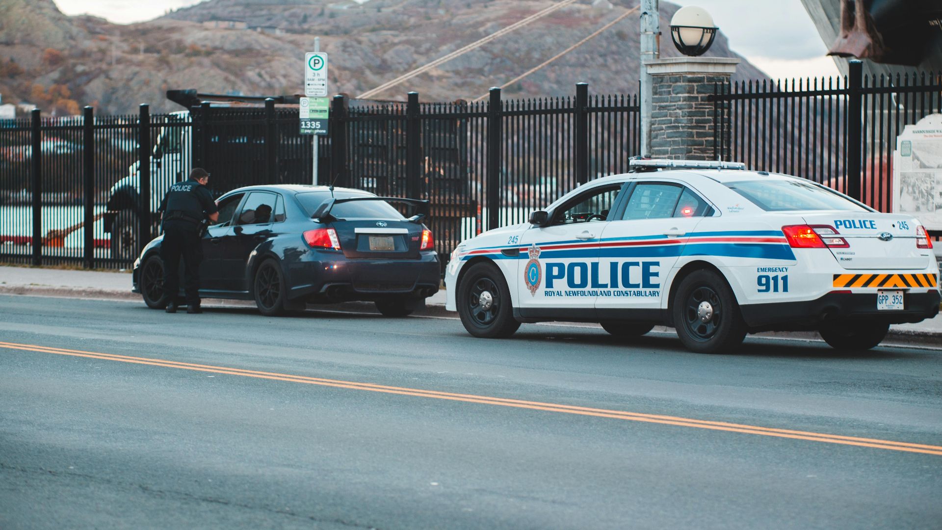 Back view of unrecognizable police officer in uniform checking modern car parked on asphalt road against cloudy sky