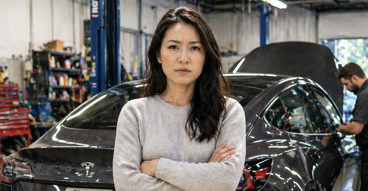 AI-generated image of a woman concerned about battery damage on her EV.