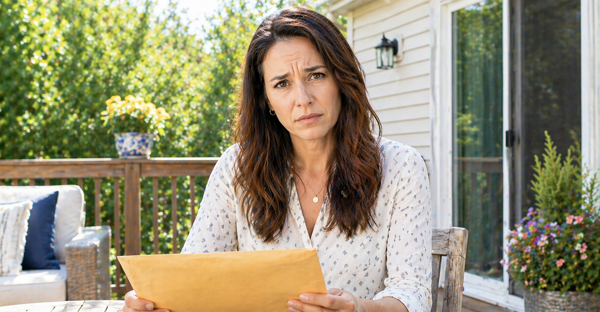 AI-generated image of a woman worried about foreclosure.