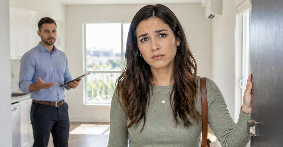 AI-generated image of a woman worried about a rent deposit scam.