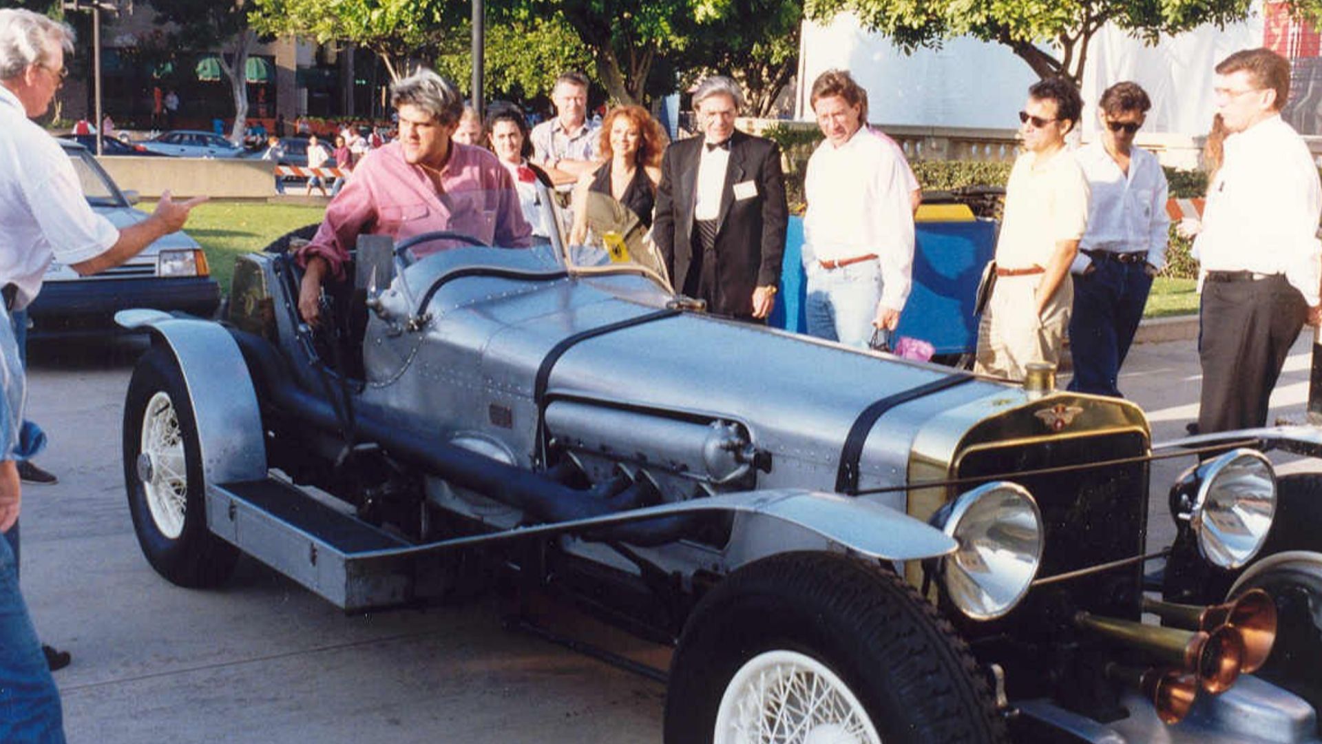 Jay Leno driving up to the Emmy rehearsal 1993 in one of his antique cars, the Hispano-Suiza 8 special
