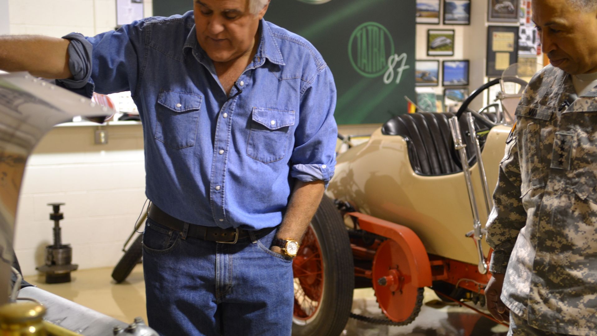 Jay Leno, television show host, interviewed Gen. Dennis L. Via, AMC commanding general, and Dr. Grace Bocheneck for his online show, Jay Leno’s Garage, Feb. 4. U.S. Army Photo by Cherish Washington, AMC Public Affairs.