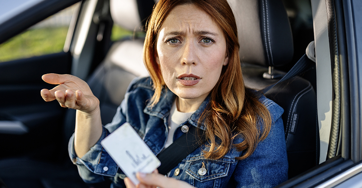 A woman sits in a car looking puzzled while holding a driver's license. She seems unsure while talking to someone outside.