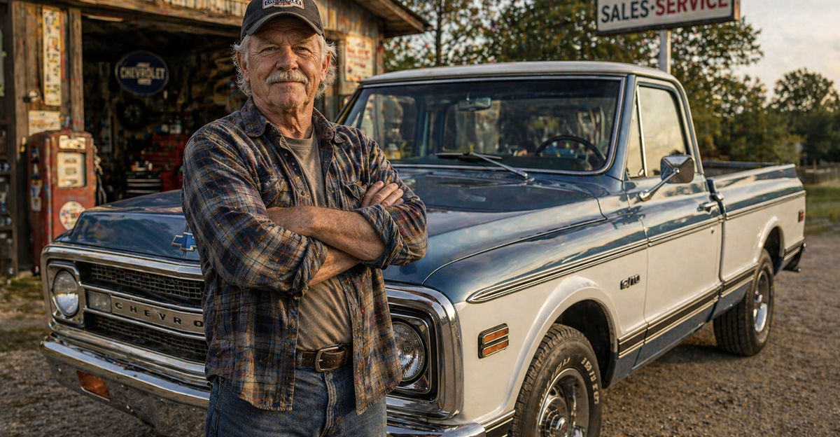 Older man standing in front of a pickup truck.