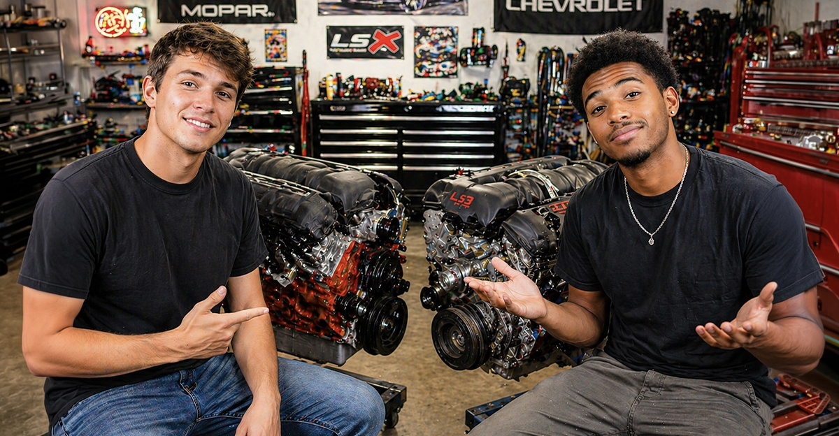 Two young men comparing engines in a garage.