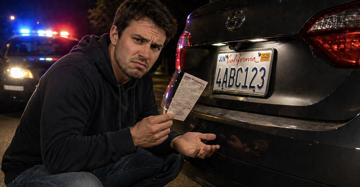 A man crouched down behind his car at night, holding a traffic ticket.