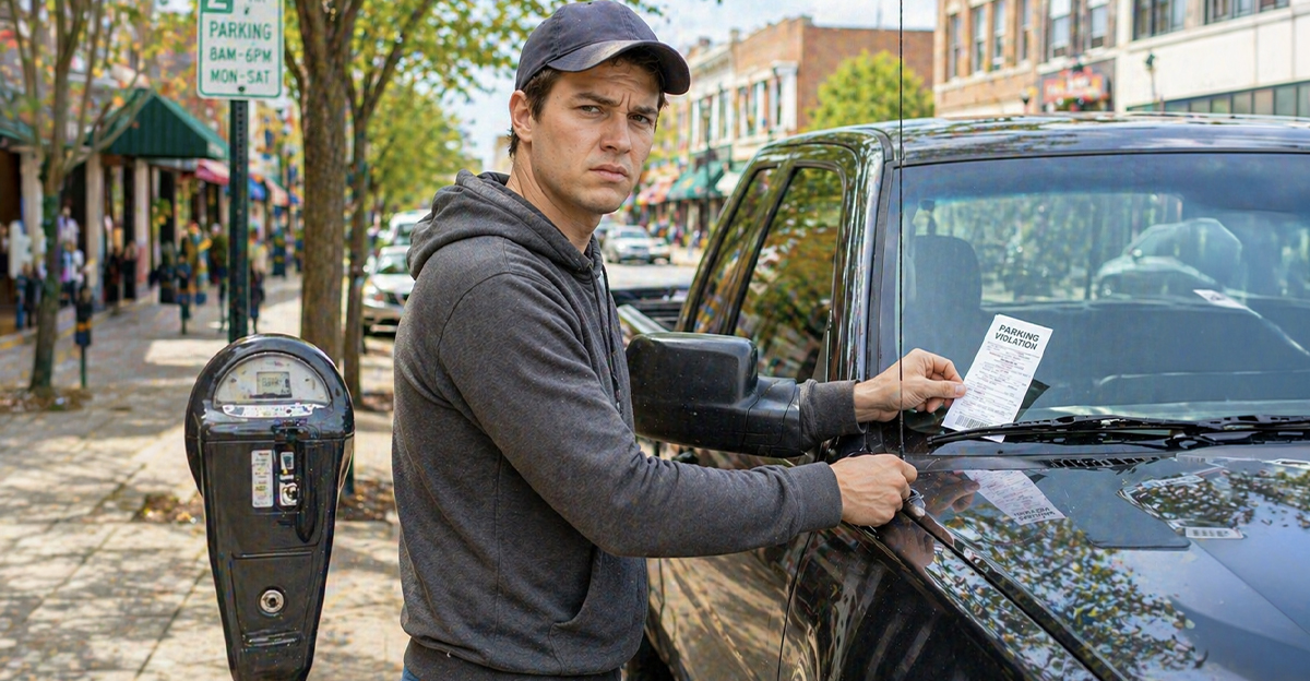 Young man in a hat taking a parking ticket off his truck.