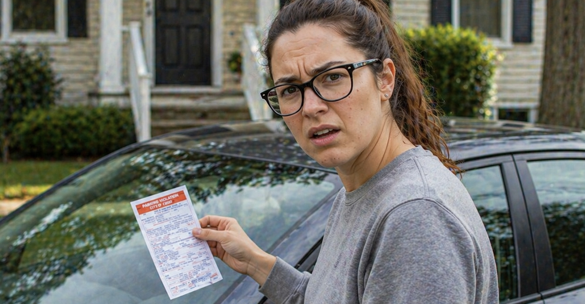 Confused woman taking parking ticket off her car windshield.