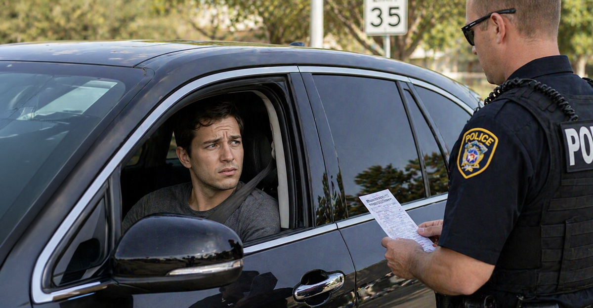 A man in a car being pulled over by police.