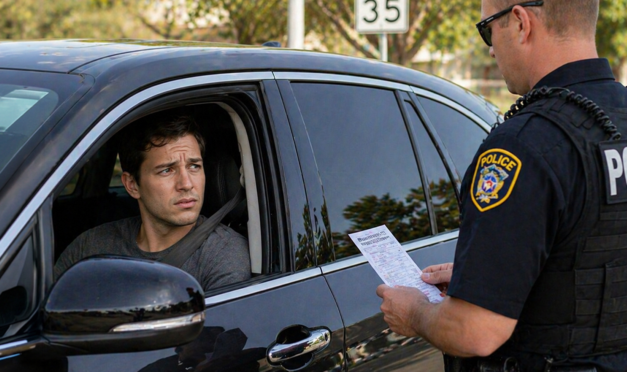 A man in a car being pulled over by police.