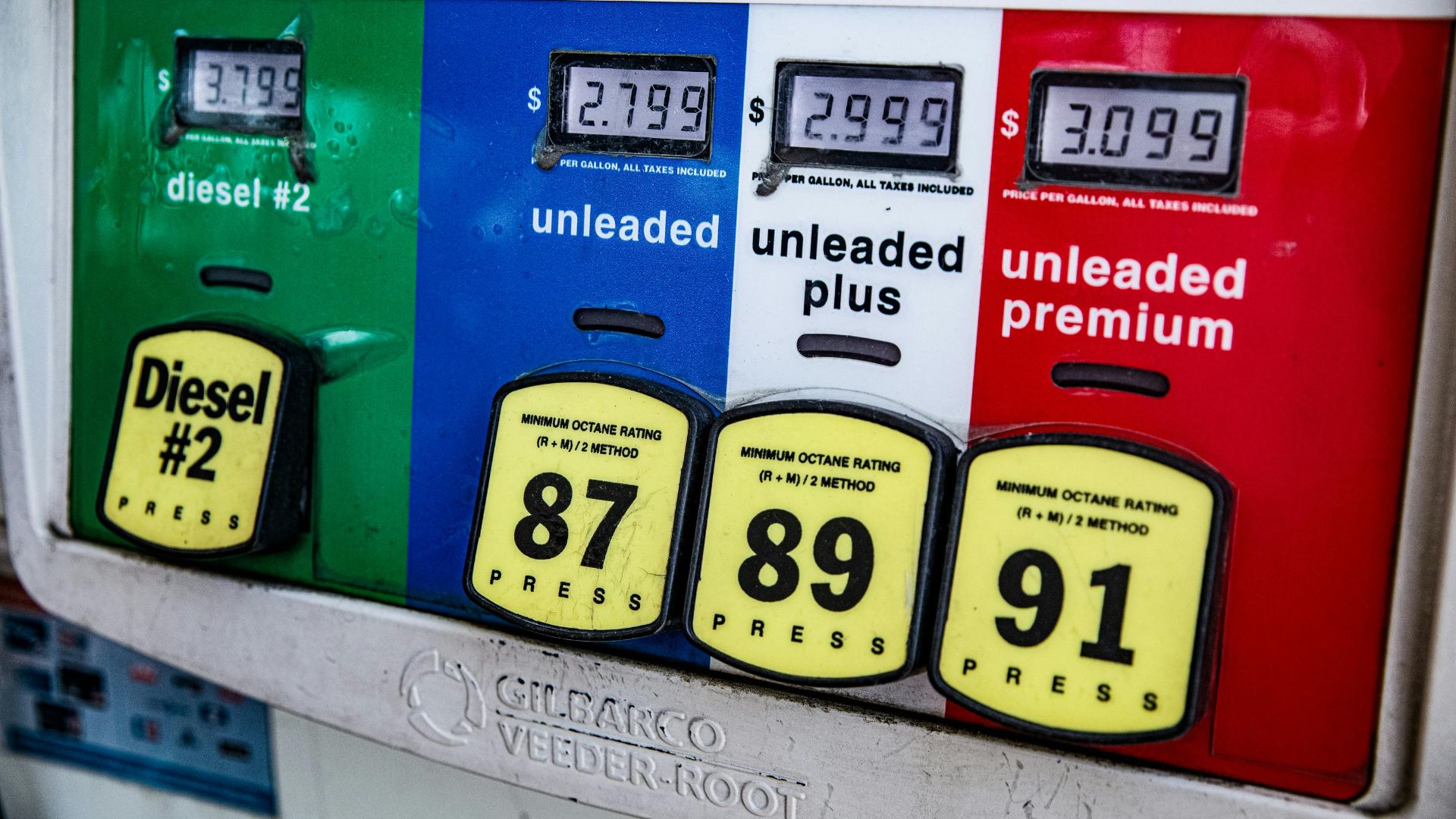 Close-up of a vintage gas pump station showing fuel prices and octane ratings in Los Angeles.