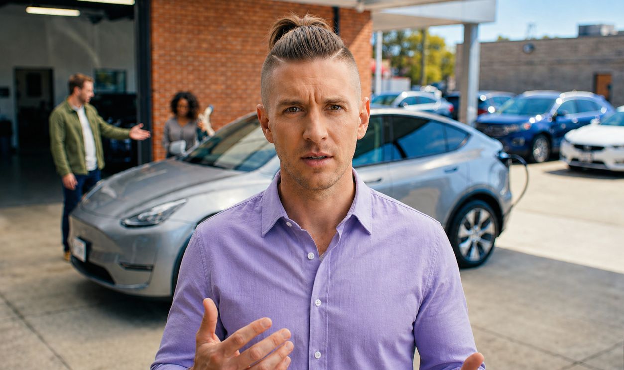 man standing in front of EV resale plot with a questioning look 