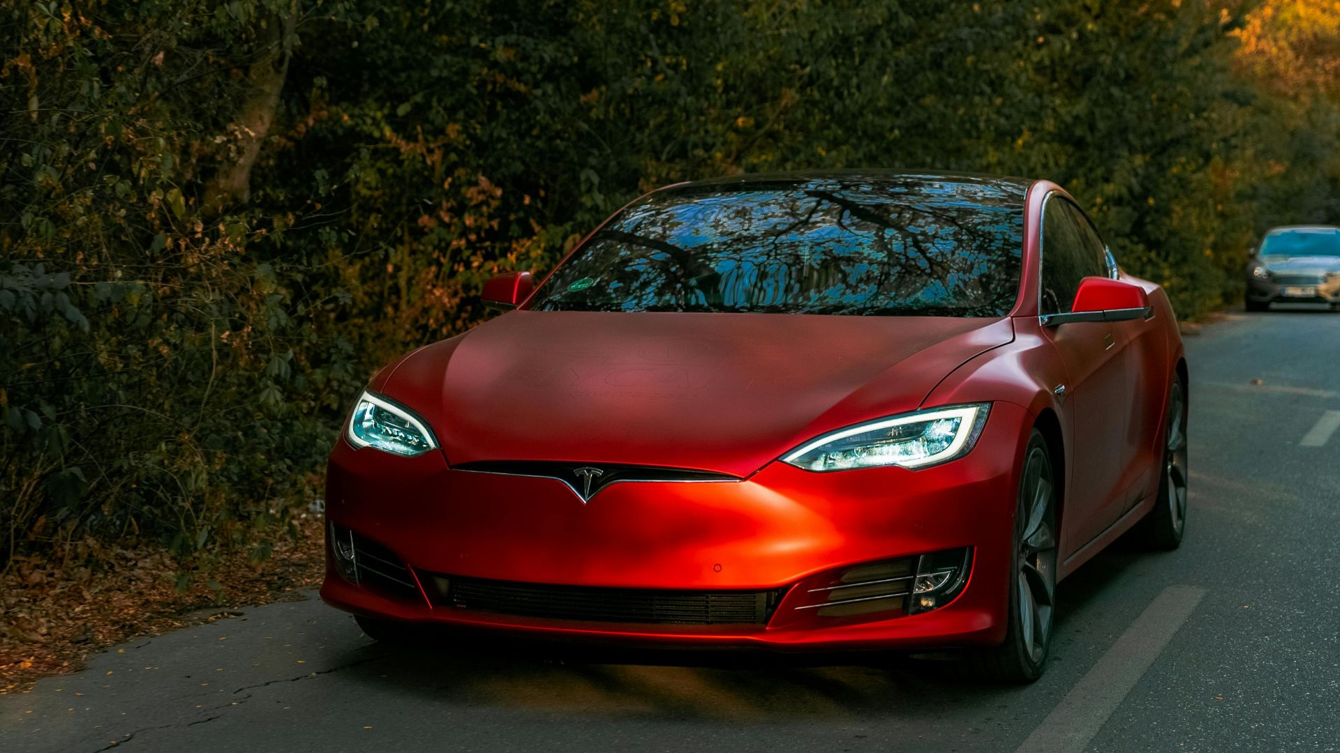 Sleek red electric car driving through a scenic forest road on an autumn day.