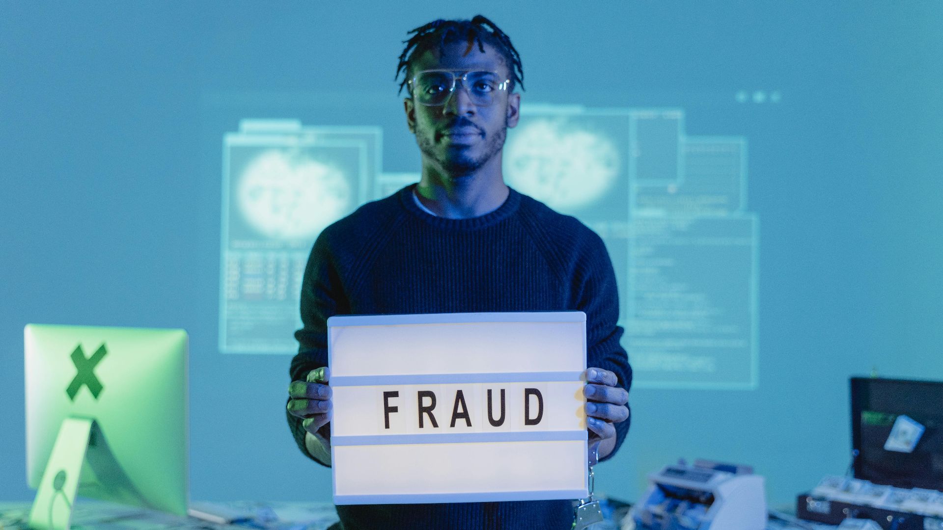 Man holding a 'FRAUD' sign in a tech setting, symbolizing cybersecurity threats.