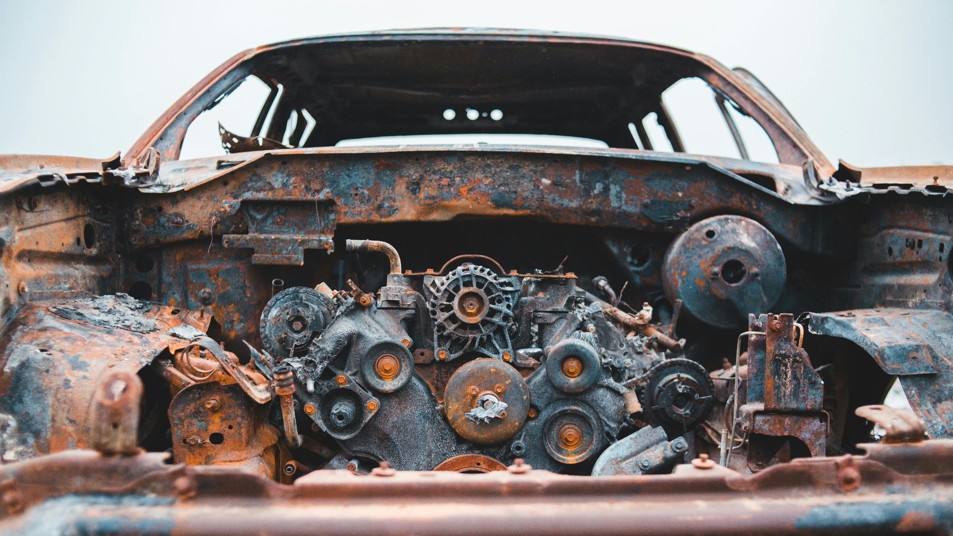Detailed shot of a rusty, abandoned car engine, showcasing decay and neglect.