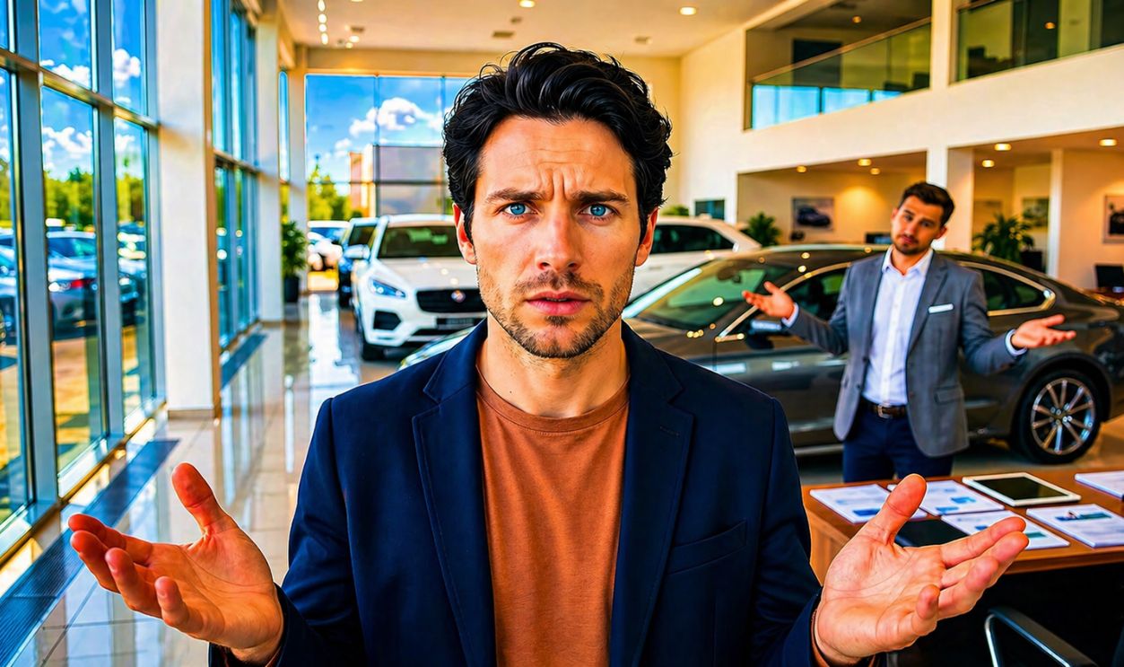 confused and frustrated man in dealership