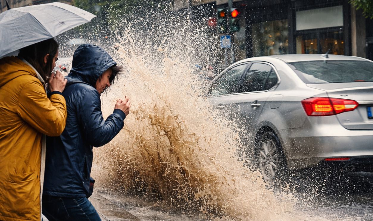 Car splash disrupts rainy day stroll