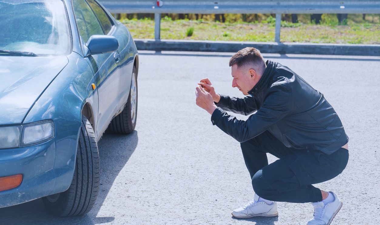 Shutterstock-2709905641, Caucasian man looks at and photographs deformation on his car body.