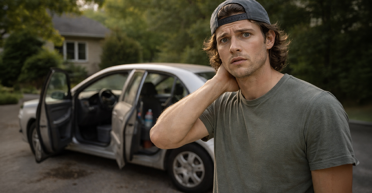 Young, worried man standing in front of a car.