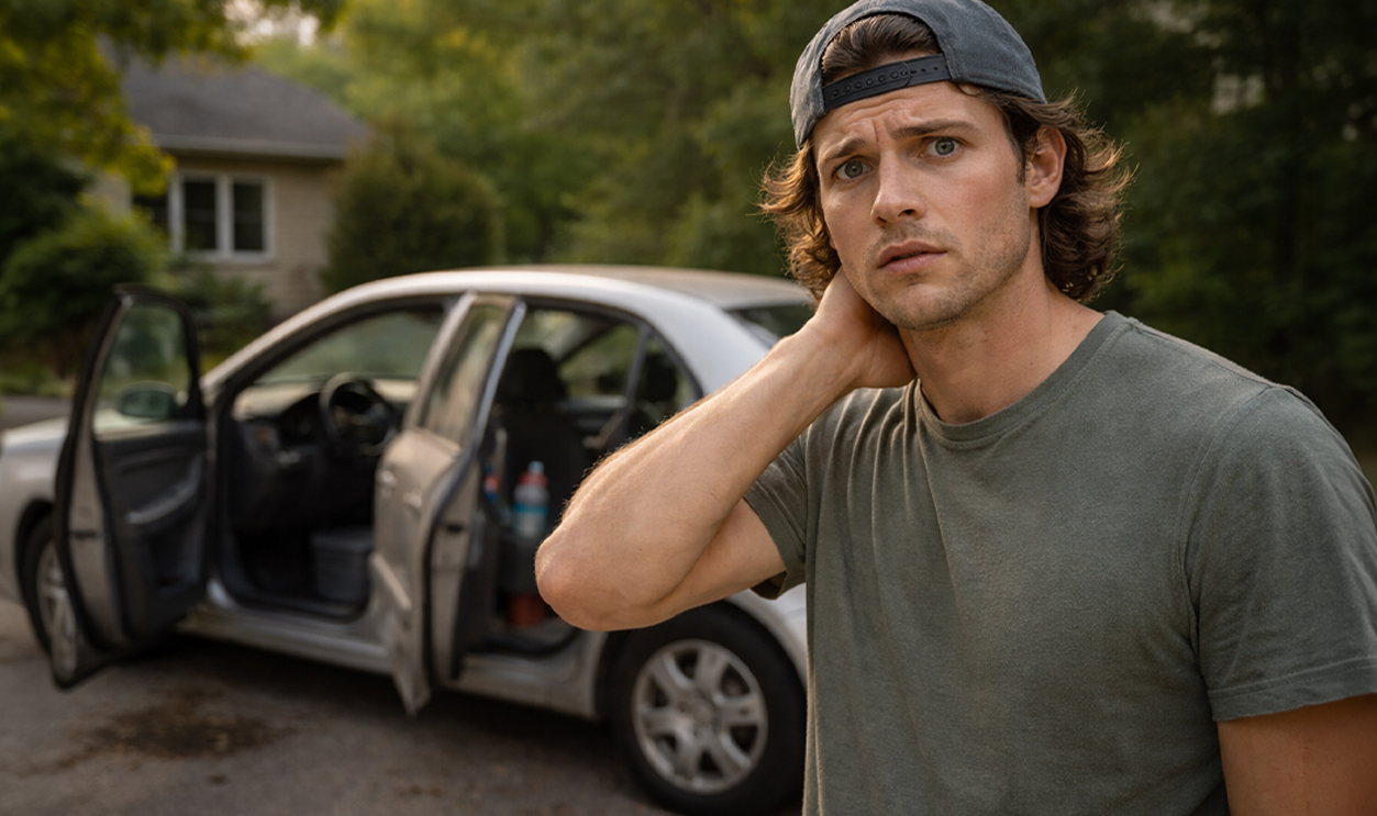 Young, worried man standing in front of a car.