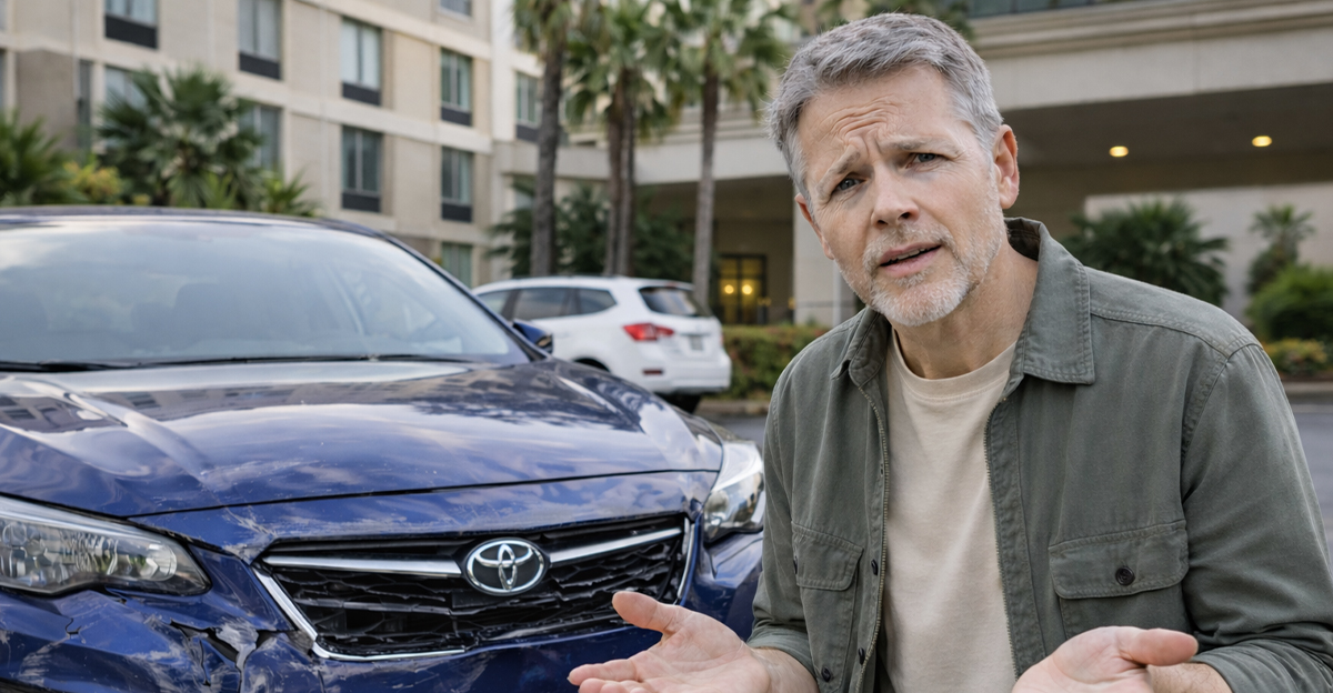 AI-generated image of a man concerned about an insurance claim for his damaged car.