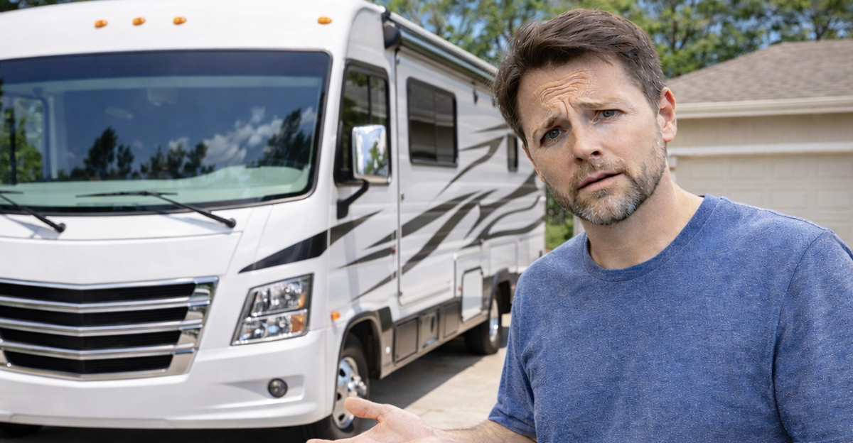 AI-generated image of an RV owner concerned about an insurance claim for water damage.