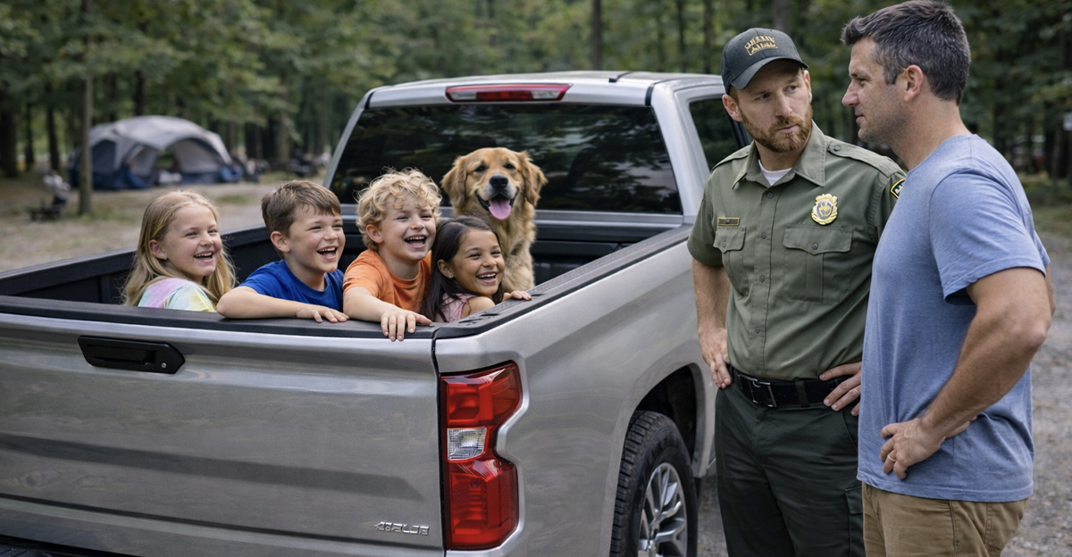 A campground warden speaking to a man who was kids in his truck bed.