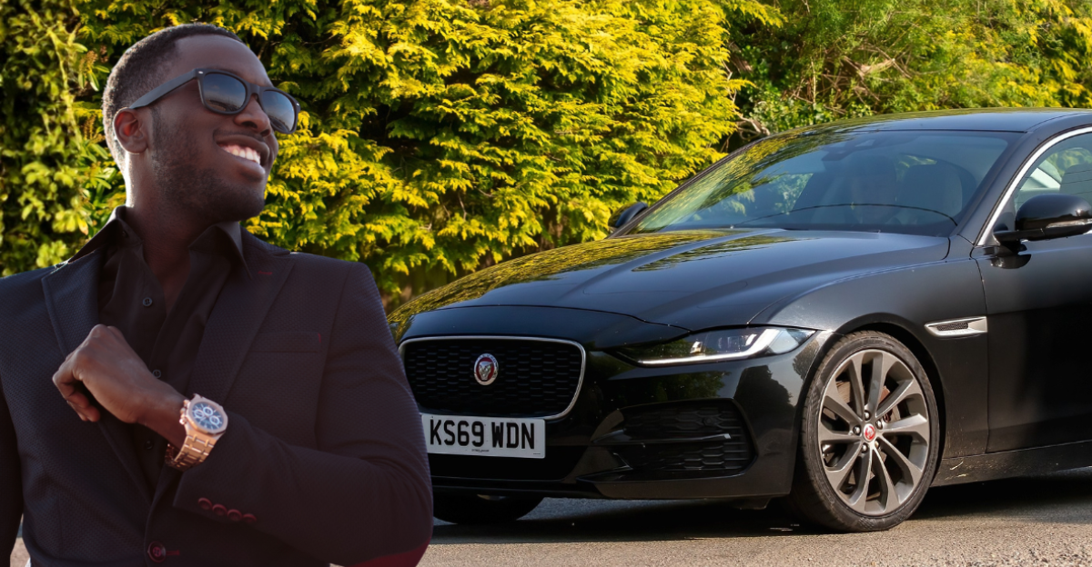 Whittlebury,Northants.,.UK - April 27th 2025:  2019 Jaguar xe  car driving on an English country road.