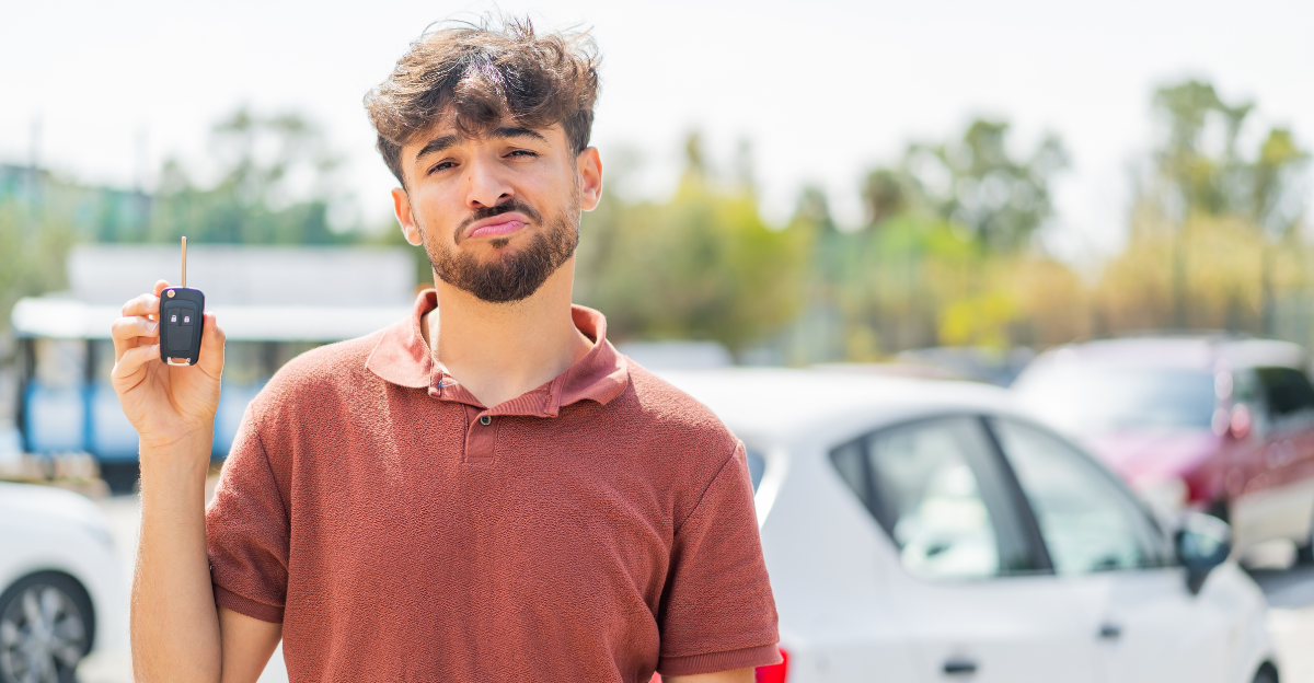 Young Arabian handsome man holding car key at outdoors with sad expression